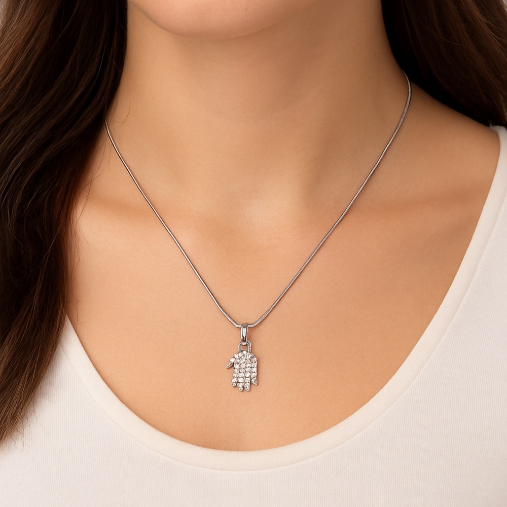 Beaux Bijoux Silver Crystal Hamsa Hand Necklace | Dainty Spiritual Pendant